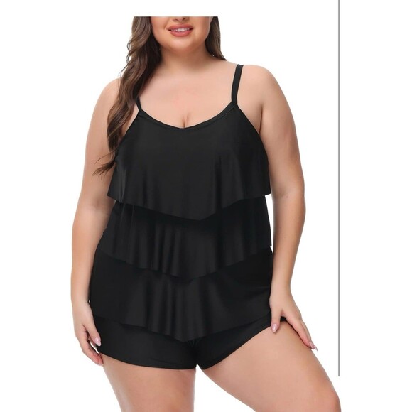 Hanna Nikole 2 Piece Tankini Ruffle Flounce Top High Waist Bottom plus size 16W - Picture 1 of 16